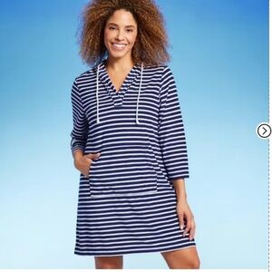 Lands' End Women's Striped V-Neck, Terry, 
Hooded, Swimsuit Cover Up